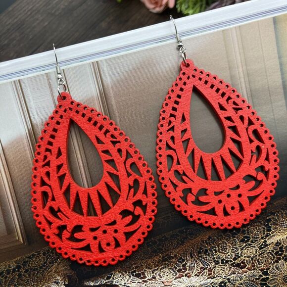 Beige Casual Retro Simple Style Water Droplets Minimal Wood Drop Earrings Boho - Picture 10 of 16